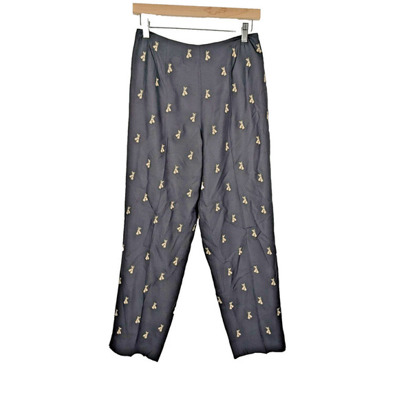 Talbots Pure Silk Size 8 Black Capri Ankle Pants Tassel Design Embroidery - Picture 1 of 8